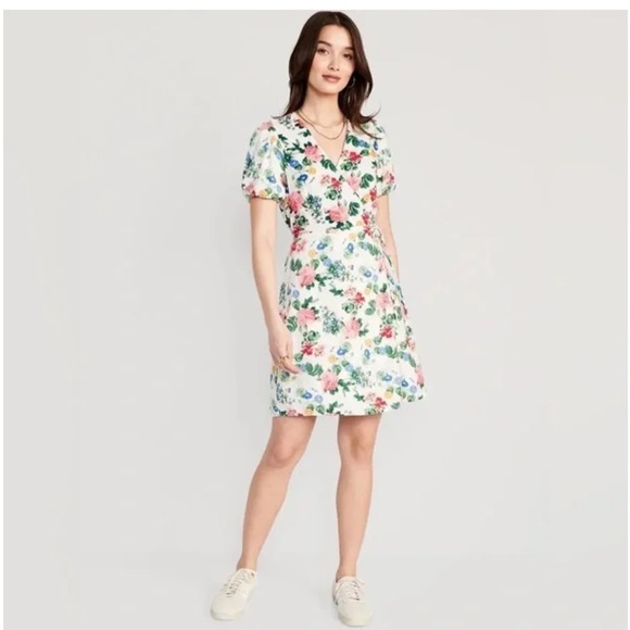 Old Navy Floral puff Sleeve Mini Wrapped Dress Women’s XL Linen Blend Cottage - Picture 1 of 10